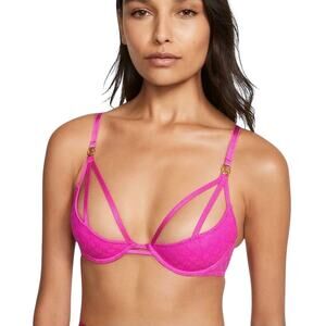 Victoria Secret Pink Logo Lace Open Cup Lightly Lined Strappy Plunge Bra NWT L